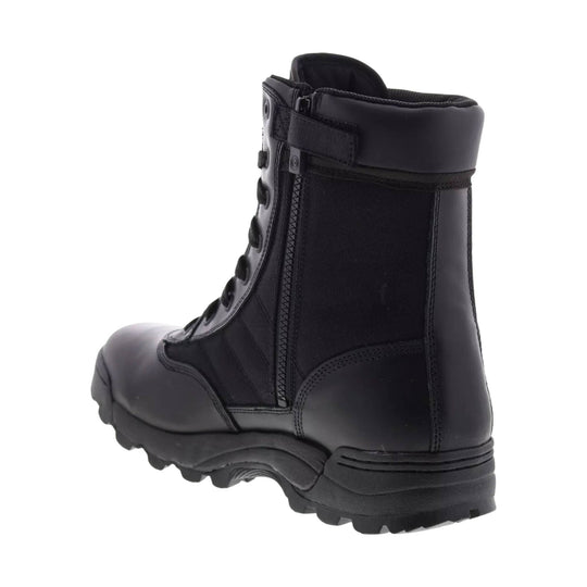 Black lace-up tactical work boot with side zipper and rugged sole