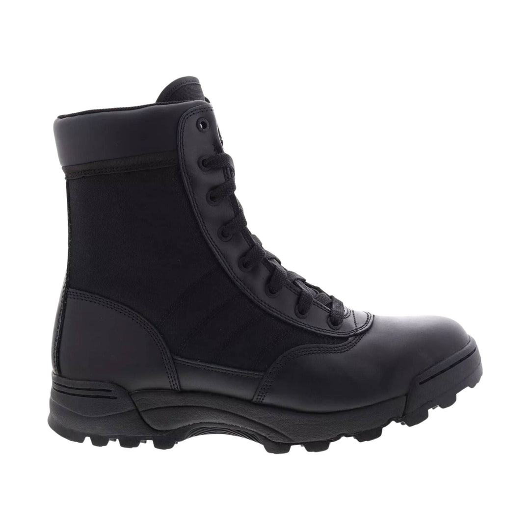 Black lace-up tactical work boot shown in side profile with thick treaded sole