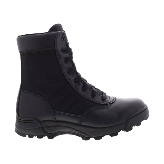 Black lace-up tactical work boot shown in side profile with thick treaded sole