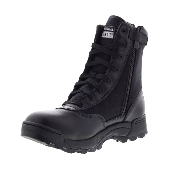 Black tactical work boot with side zipper, lace-up front, and visible S.W.A.T. label