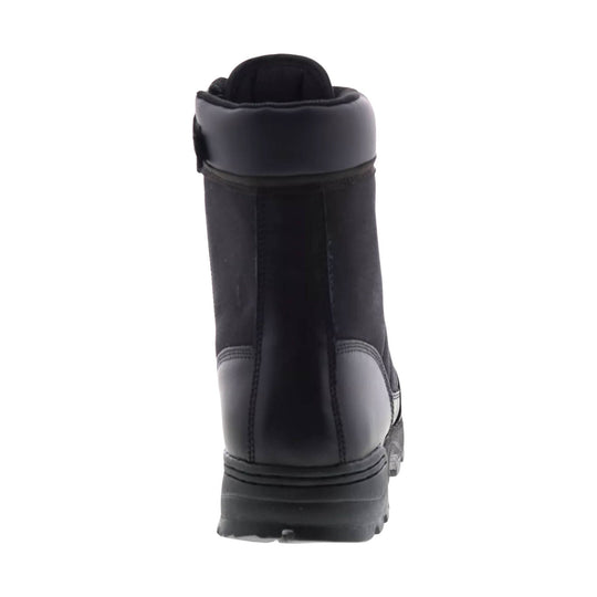 Black tactical work boot shown from the back with a tall padded collar and lug sole