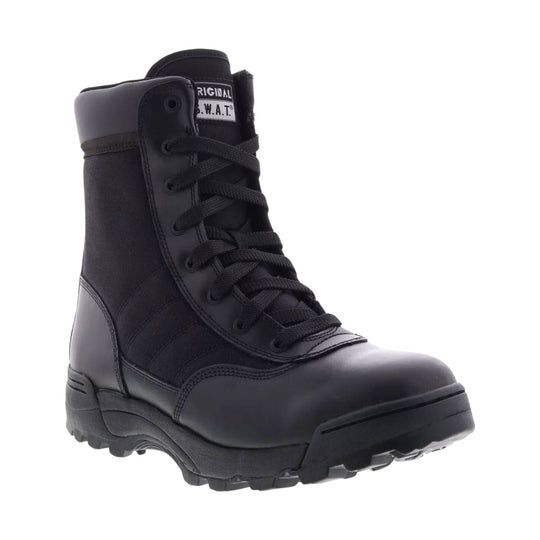 Black tactical work boot with side zipper, lace-up front, and rugged tread