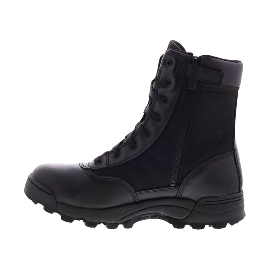 Black tactical work boot with side zipper, lace-up front, and chunky lug sole