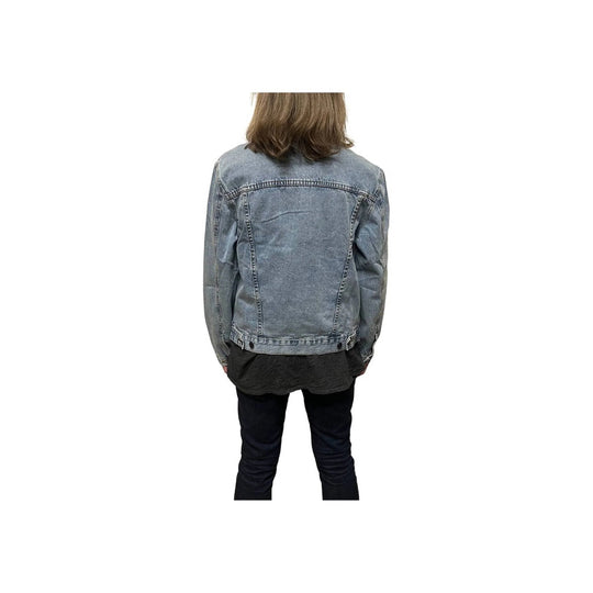 Light wash denim jacket shown from the back on a model