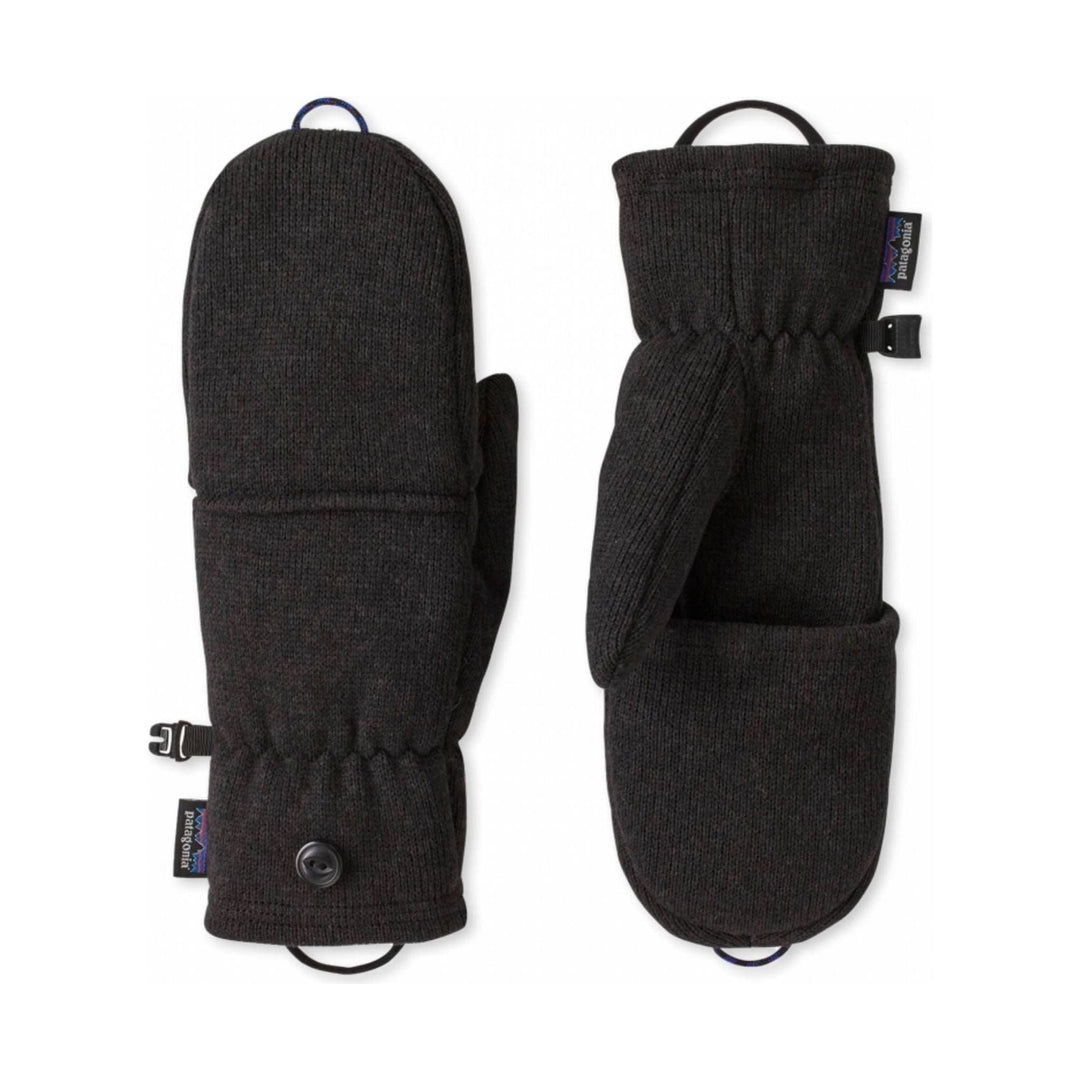 Black knit mittens with wrist loops and snap closures, shown front and back