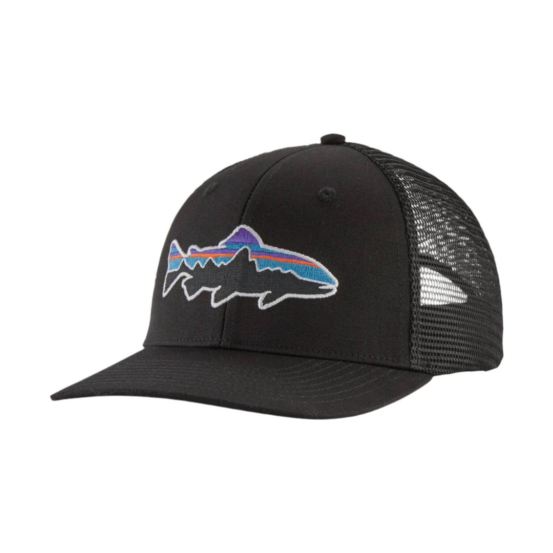 Black mesh-back trucker hat with a colorful fish graphic on the front