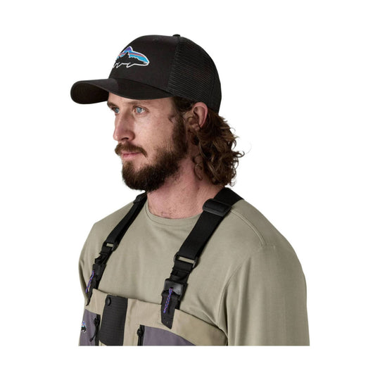Black mesh-back trucker hat with a fish logo on the front