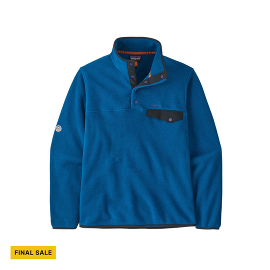 Blue fleece pullover with snap placket, contrast trim, and chest pocket