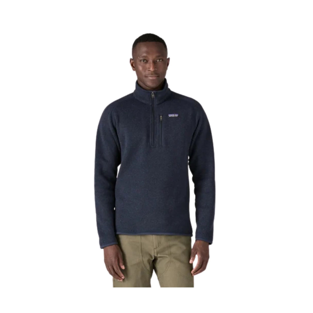 Navy half-zip fleece pullover with stand collar, chest zip pocket, and long sleeves