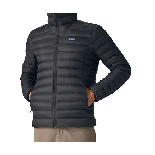 Black quilted puffer jacket with a full-zip front and stand collar, shown on a model