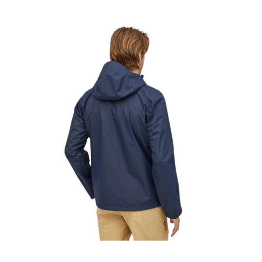 Navy hooded rain jacket shown from the back