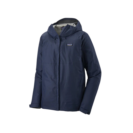 Navy hooded zip-front rain jacket with chest logo patch