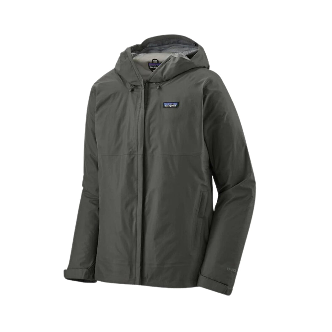 Dark gray hooded rain jacket with a front zipper and chest logo patch