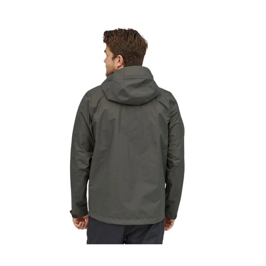 Dark gray hooded rain jacket shown from the back