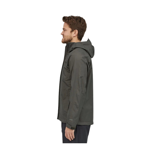 Dark gray hooded rain jacket shown in side profile with full-length zipper and long sleeves