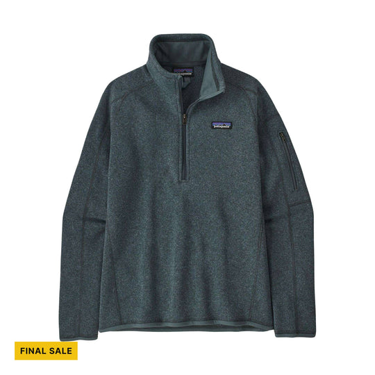 Dark heathered quarter-zip fleece pullover with chest logo, zippered chest placket, and sleeve pocket; FINAL SALE