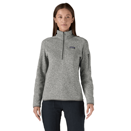 Gray quarter-zip fleece pullover with stand collar, chest logo, and sleeve pocket