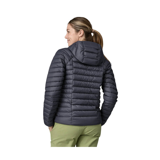 Dark navy hooded puffer jacket shown from the back