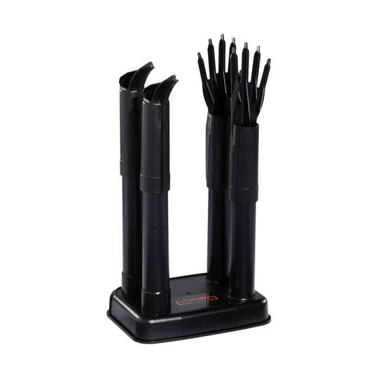 Black electric boot dryer with four upright drying tubes on a rectangular base