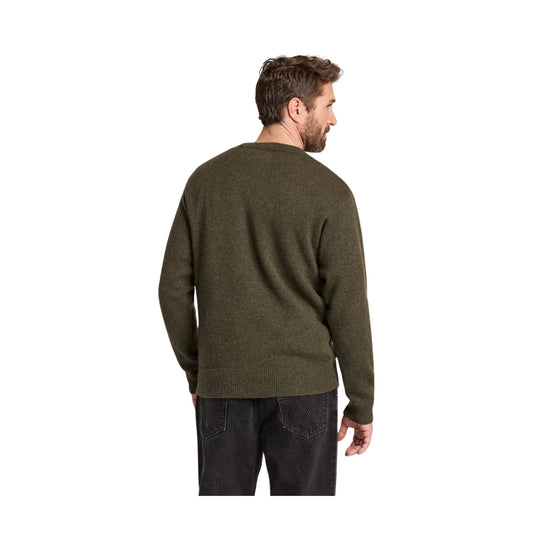 Olive crewneck sweater shown from the back on a male model