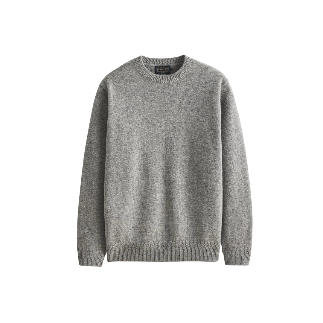 Light gray crewneck sweater with ribbed collar, cuffs, and hem