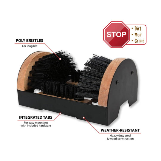 Boot brush cleaner with black bristles, wood side panels, and visible callouts for poly bristles, integrated tabs, and weather resistance