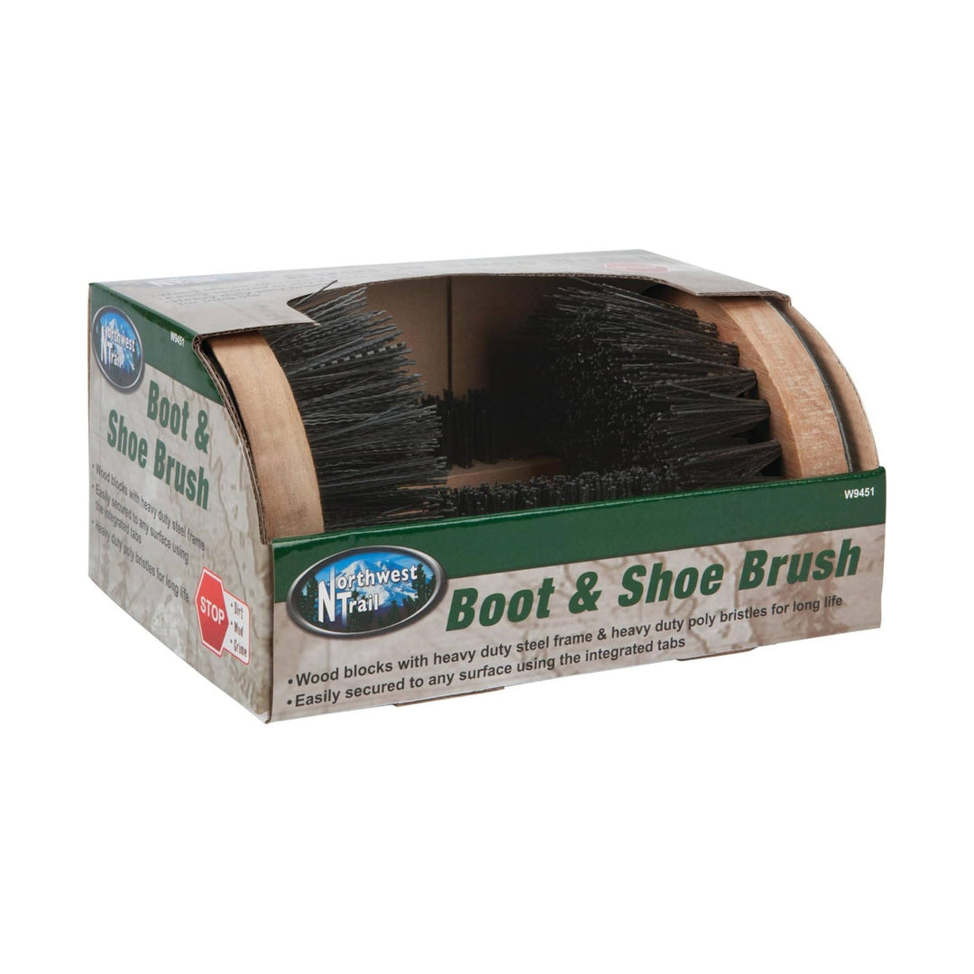 Boot & Shoe Brush in a retail display box with black bristles and wood blocks