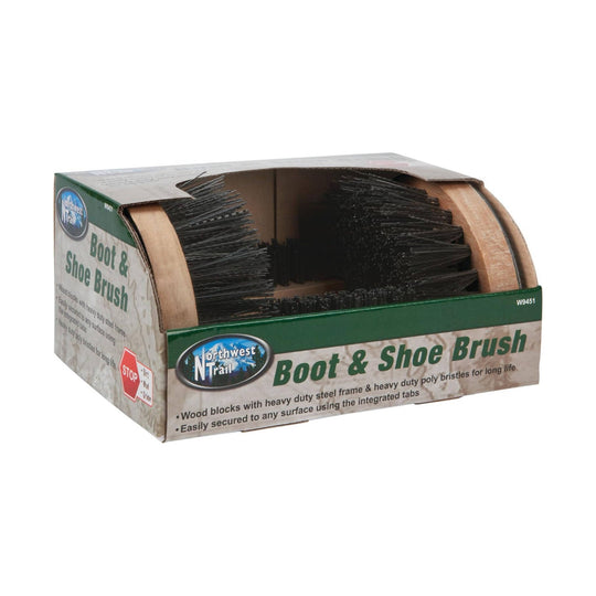 Boot & Shoe Brush in a retail display box with black bristles and wood blocks