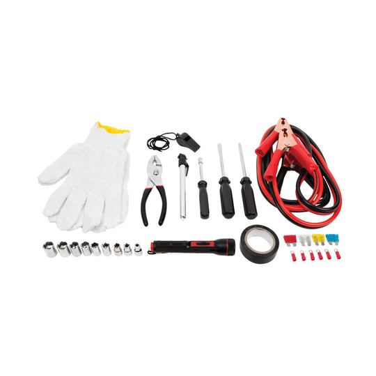Roadside emergency kit with jumper cables, gloves, pliers, screwdrivers, socket set, tape, and fuses