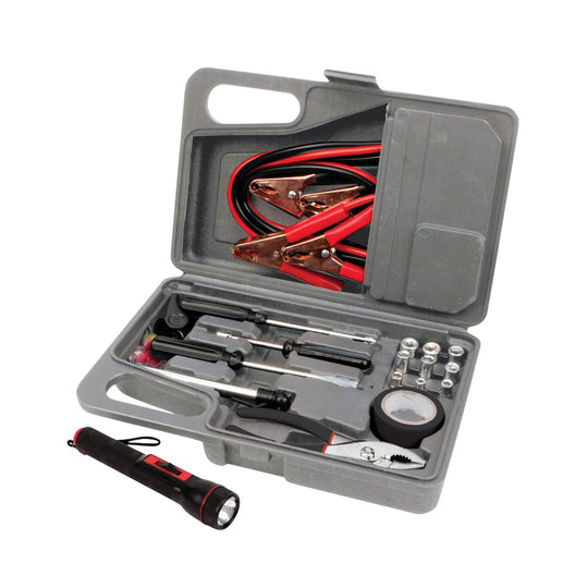 Roadside emergency kit in a gray hard case with jumper cables, screwdrivers, pliers, sockets, tape, and a flashlight