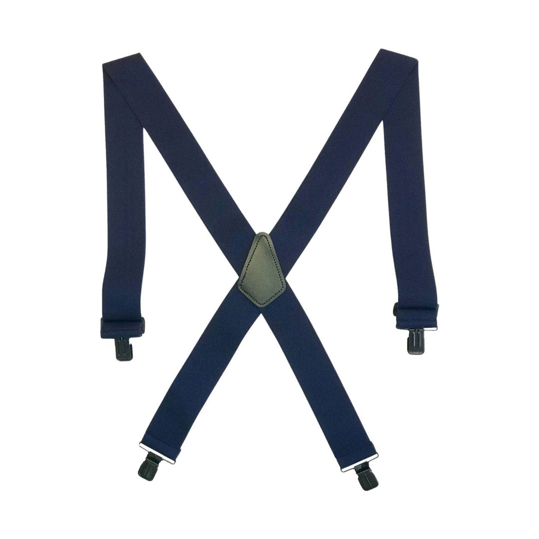 Navy suspenders with metal clips and an X-back strap design