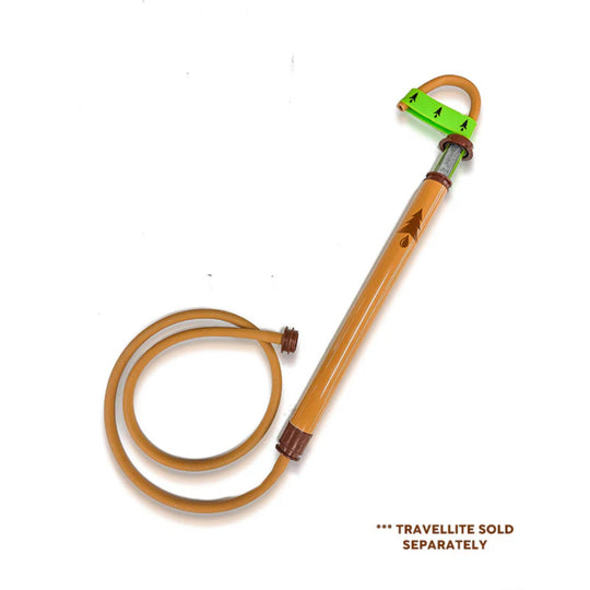 Tan extension hose with a clear tube, brown fittings, and a green connector marked with arrows