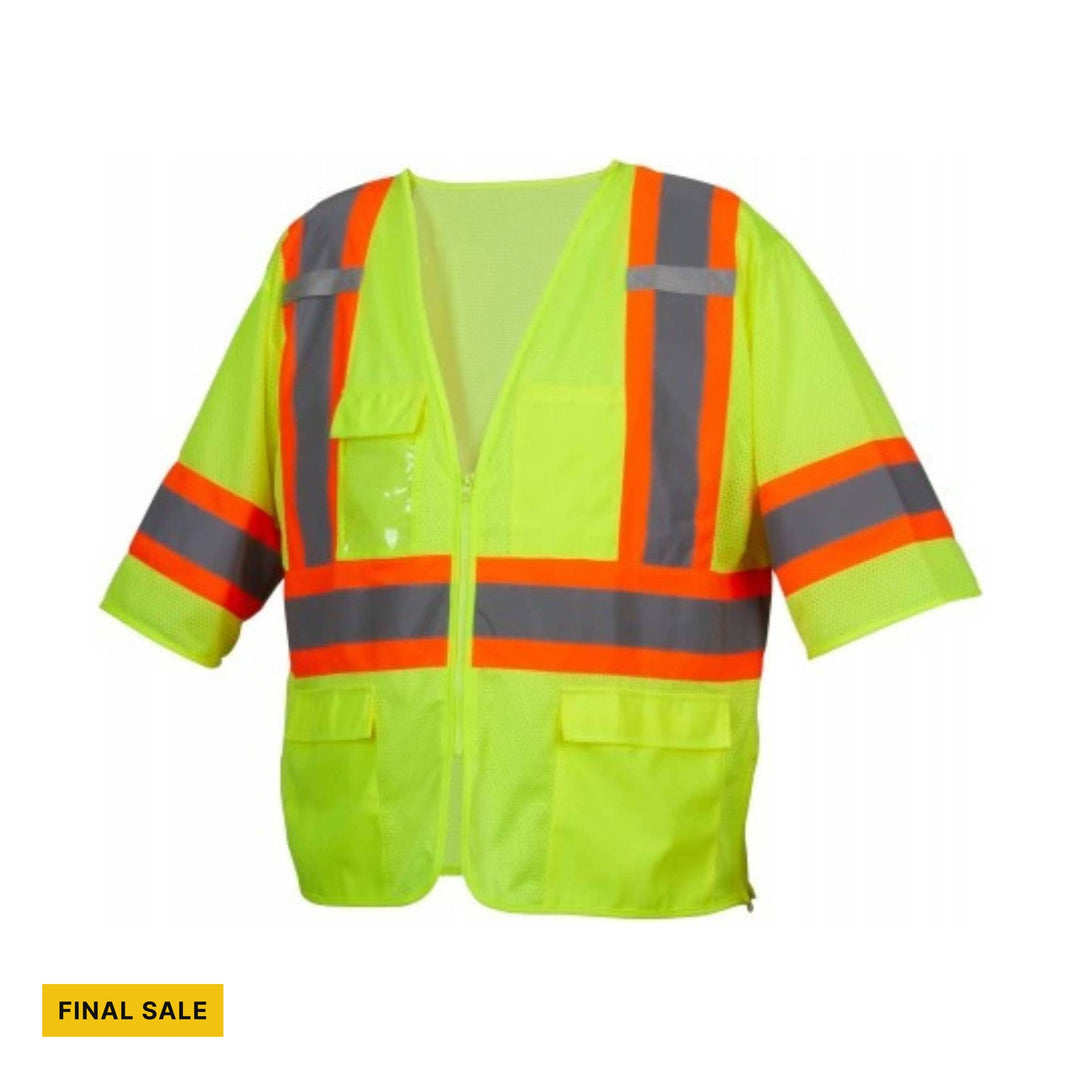Lime high-visibility mesh safety vest with orange and gray reflective stripes and short sleeves