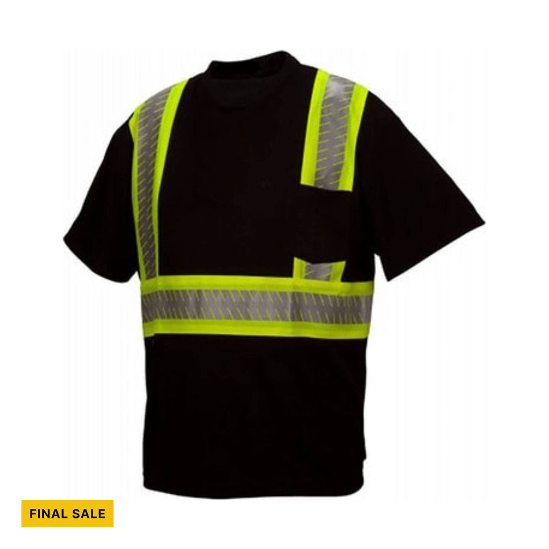 Black short-sleeve high-visibility T-shirt with neon yellow reflective stripes and a chest pocket
