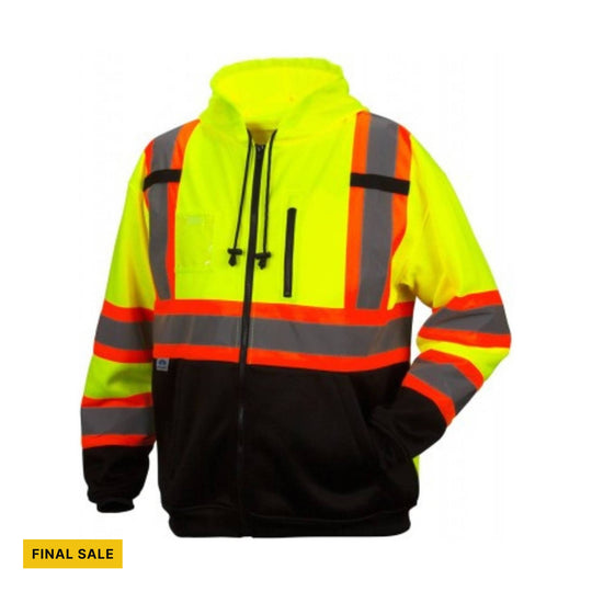 Hi-vis hooded sweatshirt with reflective orange and gray stripes and a black lower half