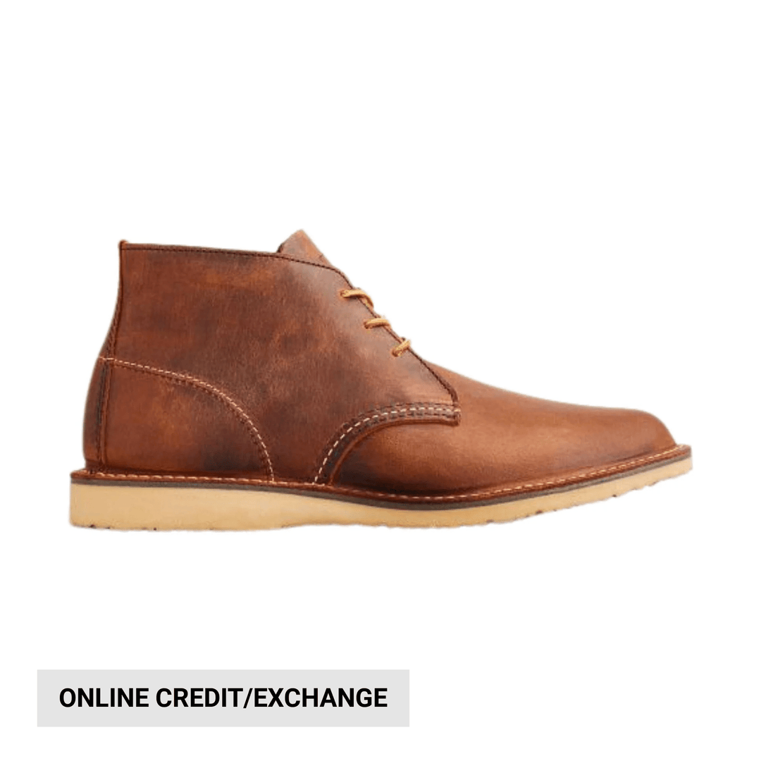 Brown leather ankle chukka boot with tan sole, shown in side profile
