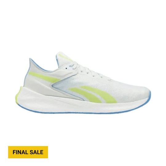 White low-top running shoe with neon yellow and blue accents, side view