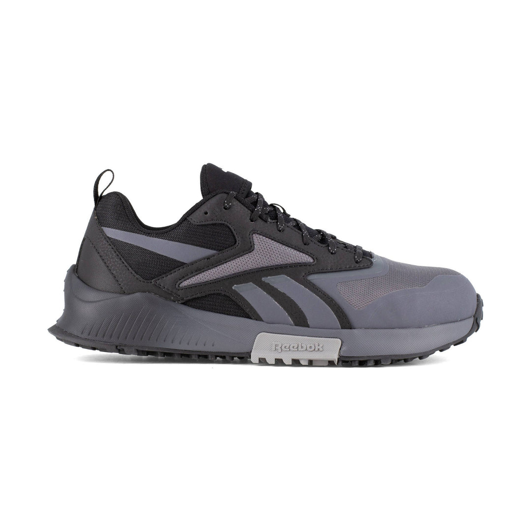 Gray and black trail-style athletic work shoe with laces and textured sole