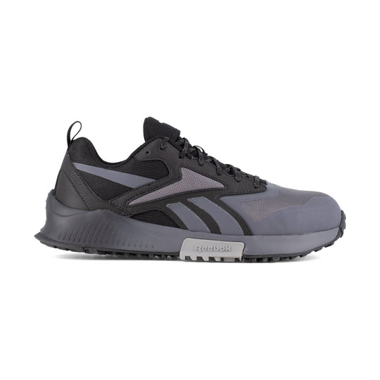 Gray and black trail-style athletic work shoe with laces and textured sole