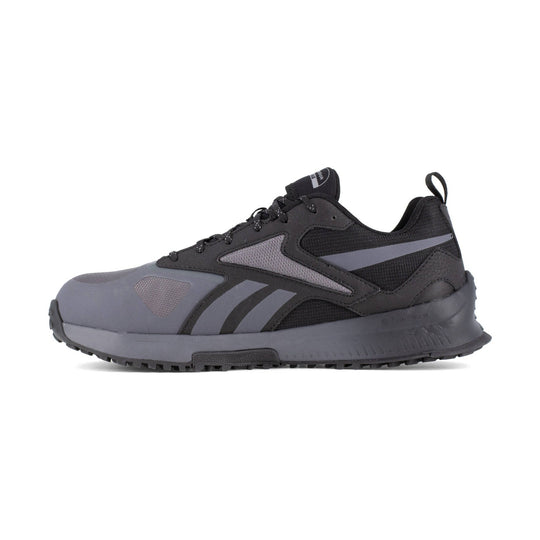 Black and gray athletic work shoe with mesh panels and a white side stripe