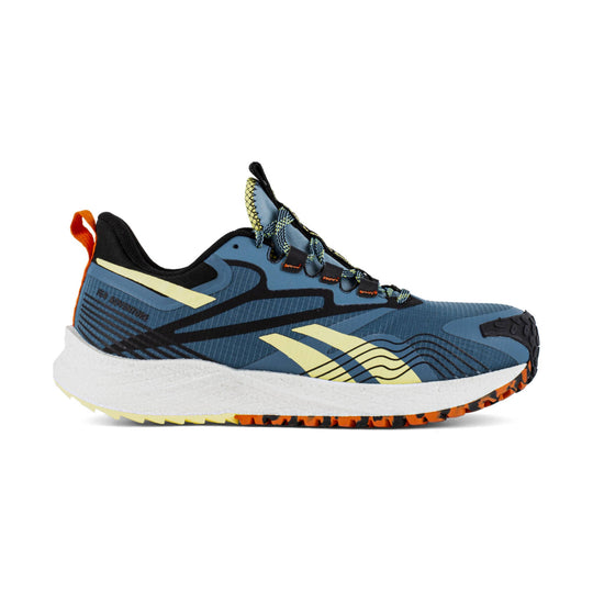 Blue low-top trail shoe with black overlays, yellow accents, and a white cushioned sole
