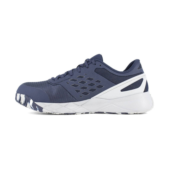 Navy athletic work shoe with a mesh upper, lace-up design, and white cushioned sole