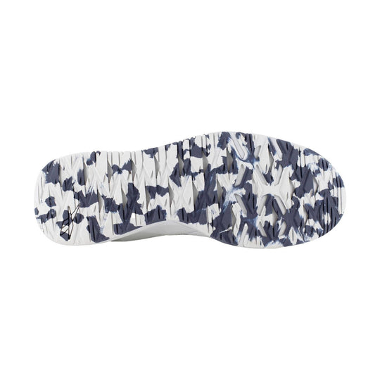 White outsole with navy and gray camouflage tread pattern