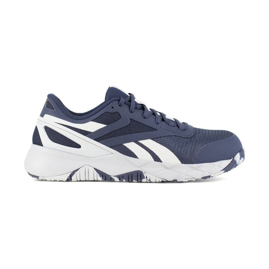 Navy athletic work shoe with white side overlays and a thick white sole