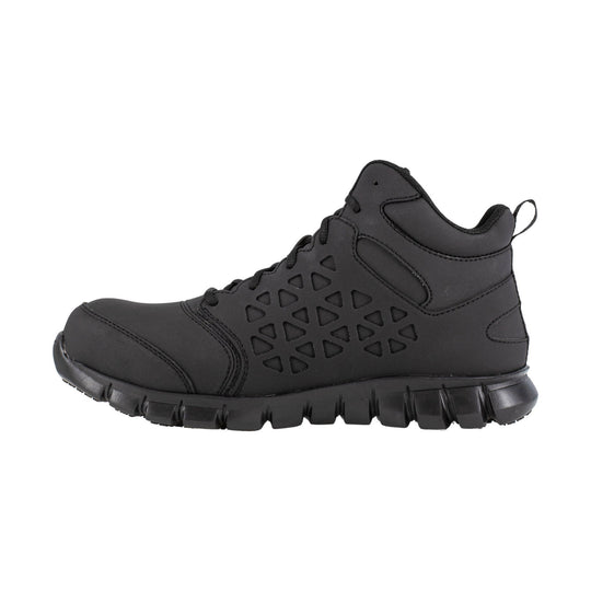 Black mid-cut work boot with cushioned sole and triangular side cutouts