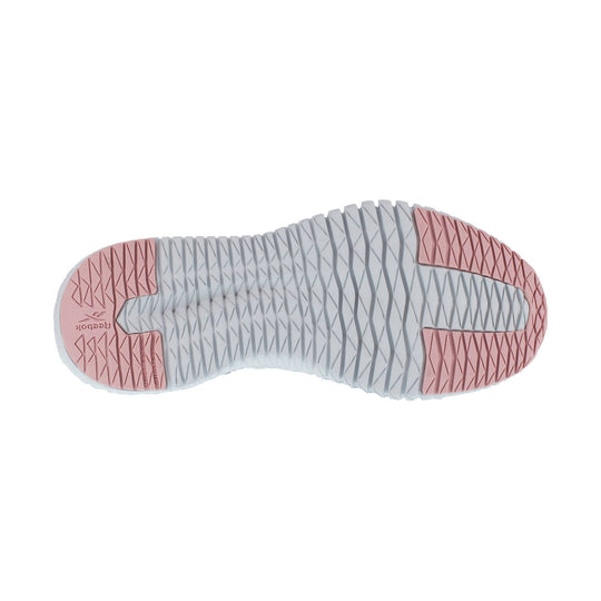 Gray and pink rubber outsole with zigzag tread and Reebok branding