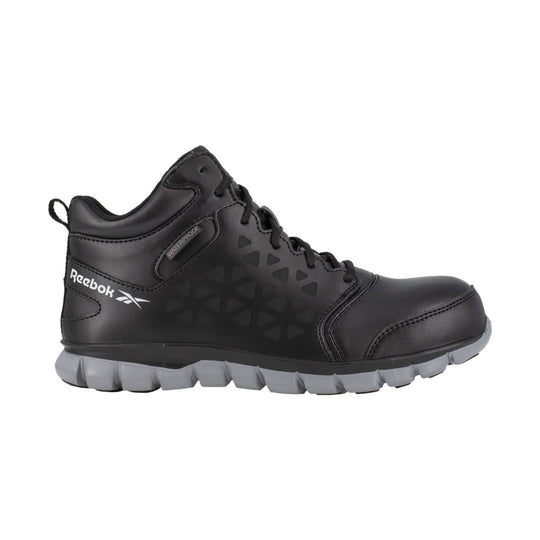 Black high-top work shoe with gray lug sole and visible Reebok and Waterproof markings