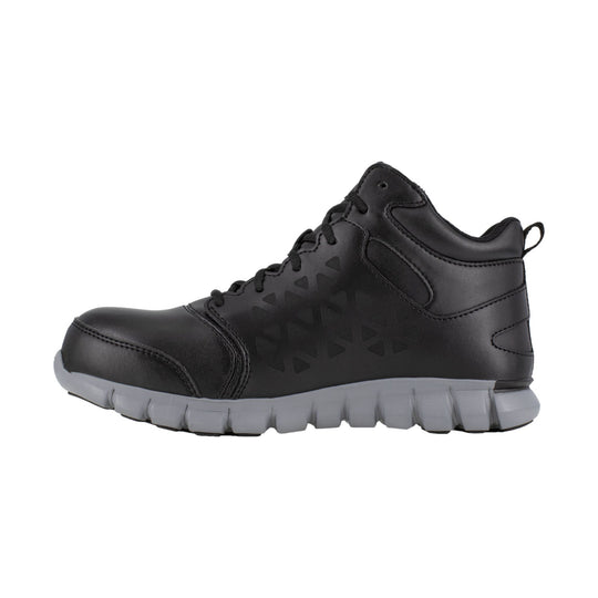 Black high-top work boot with gray cushioned sole and composite toe