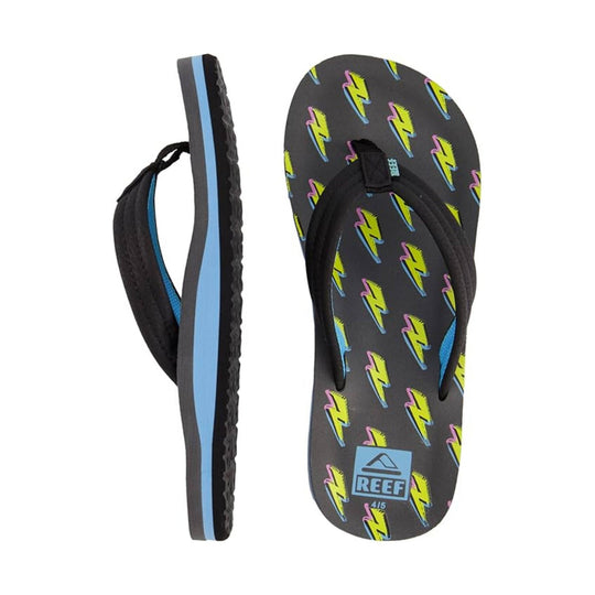 Black flip-flops with neon lightning bolt print and blue side stripes, shown from top and side views