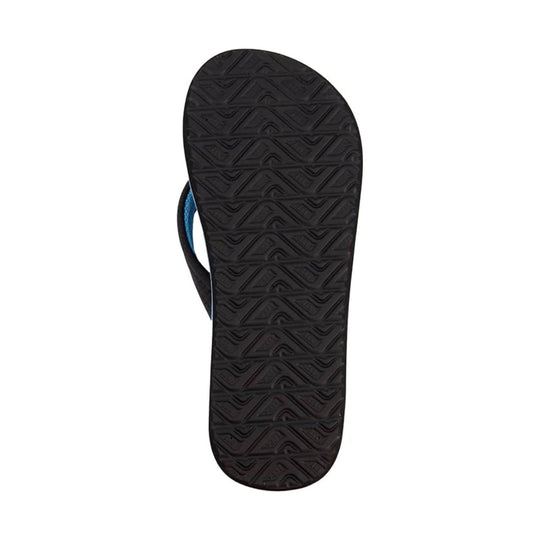 Black flip flop outsole with a zigzag tread pattern and a blue strap peeking out from the side